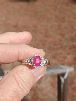 Burmese Ruby And Diamond Ring. Rhodium Over Silver, Size 10