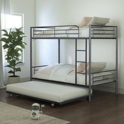 Twin Over Twin Bunk Bed Frame With Twin Trundle in Black Metal