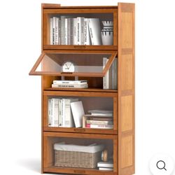  4-Tier Bookcase with Clear Doors, 55" Bamboo Bookshelf with Flip-up Acrylic Doors, Freestanding Cube Storage Organizer with Shelves