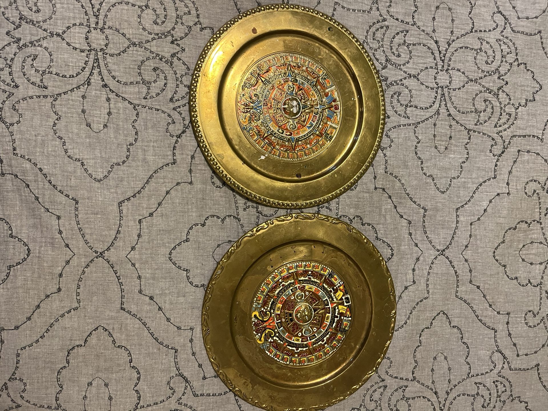 Vintage Aztec Brass Plates And Clock