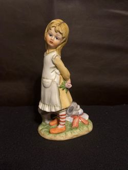 Vintage Lefton China Hand Painted Figurine, Girl with Flowers and Dog