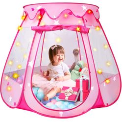 Pop Up Princess Tent with Star Light：Toy for Girl Birthday Gifts, Portable Ball Pit with Outdoor Carry Bag, Collapsible Kids Play Tent for Toddler Ind