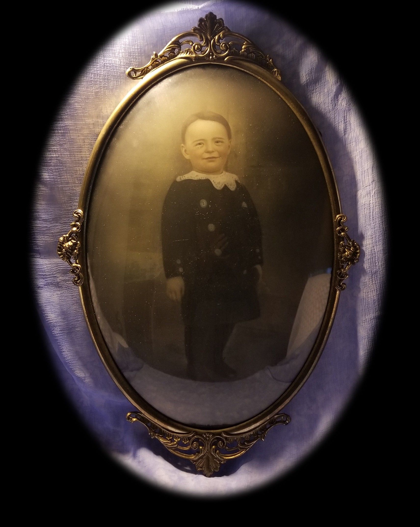 Antique 1900's Vintage Oval Distressed Ornate Metal Picture Frame Convex Bubble Glass with YOUNG BOY Picture