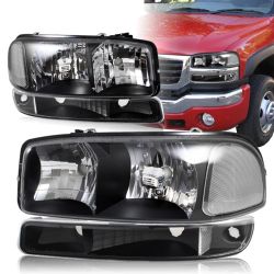 For 1999-2006 GMC Sierra 1500 2500 Black Headlights+Bumper W/Clear Reflector 4PC -(	 4-HL-SIER99-BC