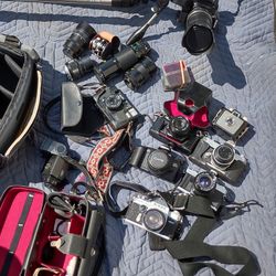 Large Camera Lot Plus Lenses Plus Tripod And Bags