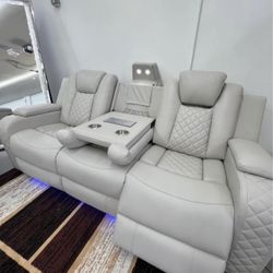GREY RECLINER SOFA - Drop Down Console W/ LED’s & Cupholders