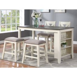 5 Piece Counter Height Dining Set Includes Table 2 Chairs And 2 Stools Color Off White Table Has Storage Shelves Firm Price $499
