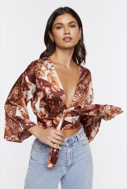Satin Floral Print Tie-Front Top