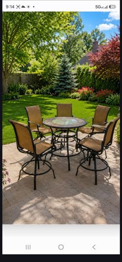 Premium 7-Piece Aluminum Patio Bar Height Dining Set – 6 Swivel Chairs & Tile-Top Table delivery optional