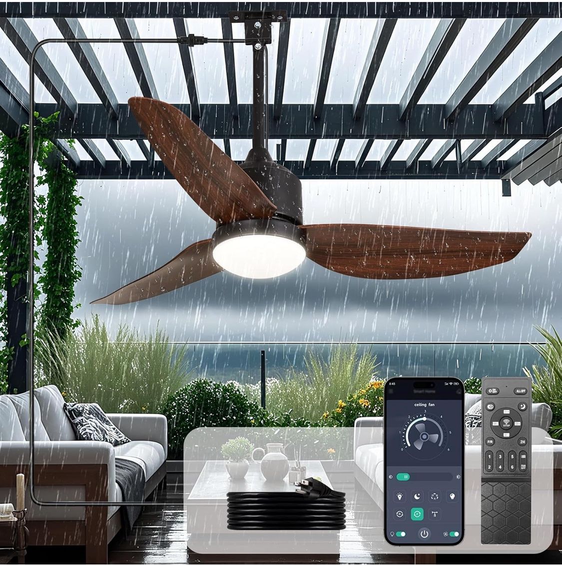 Brand New 42” Plug In Outdoor Ceiling Fan With Light And Remote Control