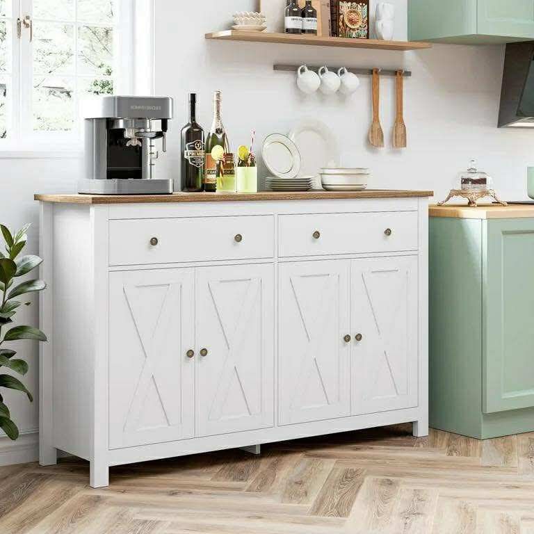 4-Doors 2-Drawers Farmhouse Storage Cabinet, Wood Sideboard with Adjustable Shelves for Kitchen Dining Room, White