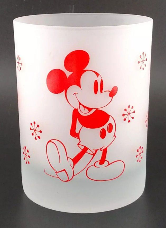 Red Mickey Mouse Vintage Frosted Glass Cup Tumbler Walt Disney Productions