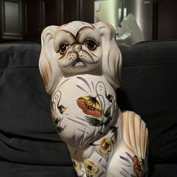 Vintage Large Ceramic Floral Pekingese Figurine, Hand Painted