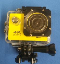 Yellow 4K Sports Action Camera With Attachments 