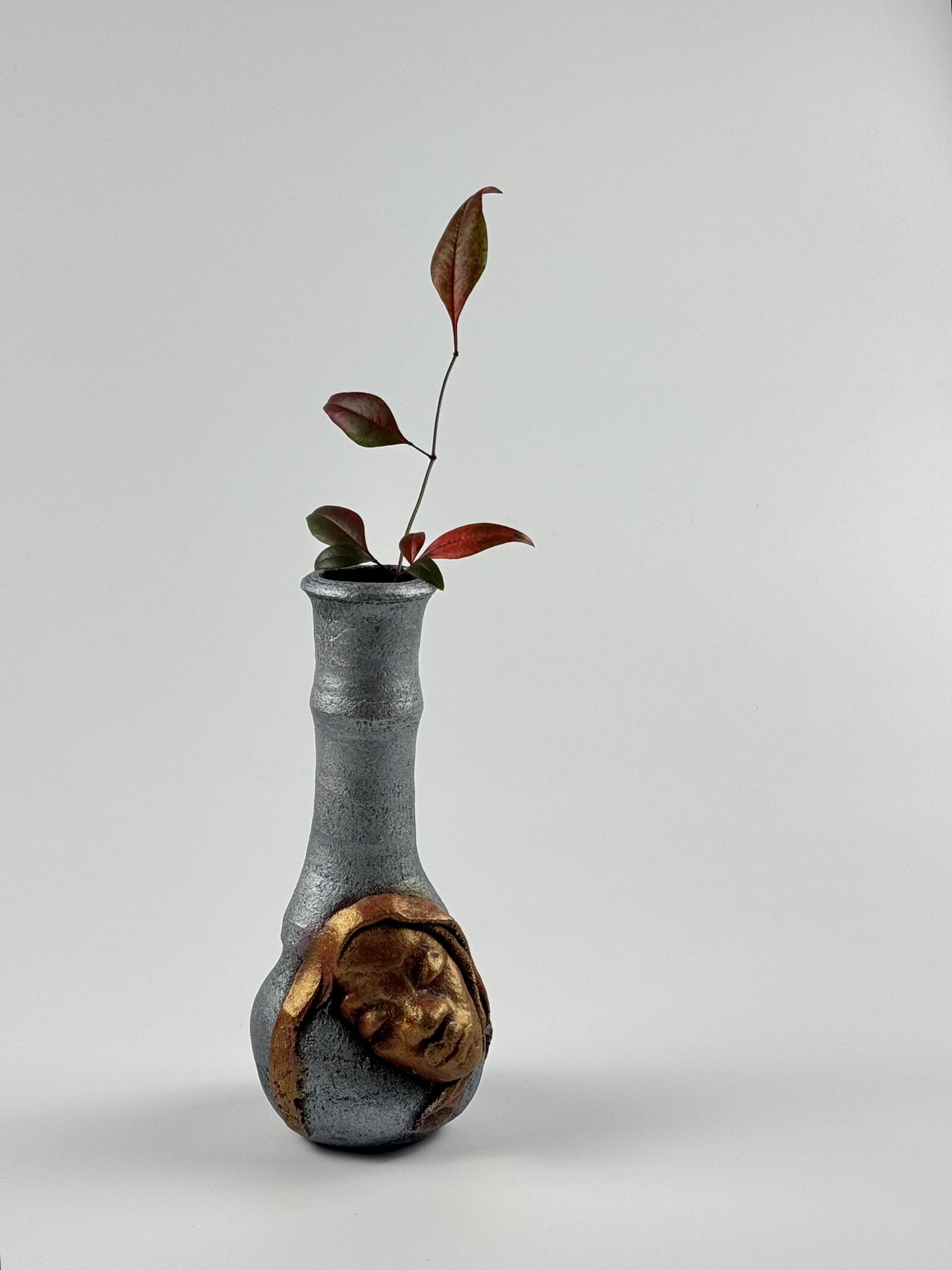 Face Vase, Artist Signed Hand Molded Bud Vase. Metallic Tones 7” 