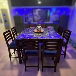 Counter Height Wood Table Set; Comes with 8  Counter Height Dining Bar Stool Chairs;  Built In Extension Leaf