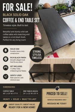 Gorgeous, refinished, black, solid oak, coffee, and end tables