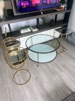 Glass and Metal Coffee Table with Side Tables