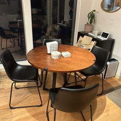 Round Walnut Table w/ 4 Faux Black Leather Chairs