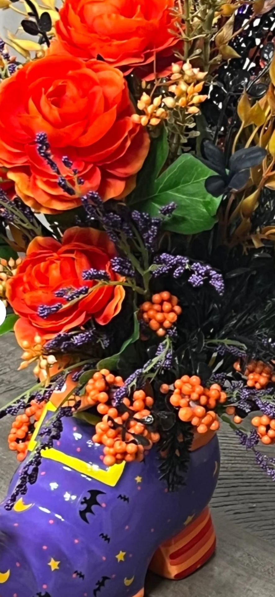 Halloween themed Cute witch boot, centerpiece, halloween table decor, spooky witch design, small halloween entryway, orange and purple