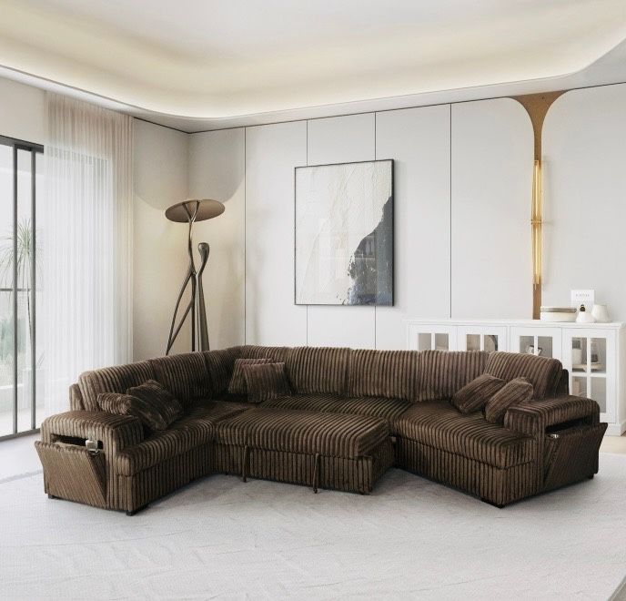 HALF U-SHAPED PULL OUT SECTIONAL RHF SOFA W STORAGE ARMREST W USB+PILLOWS( CHOCOLATE, DARK GREY, BLACK, LIGHT SILVER CORDUROY)