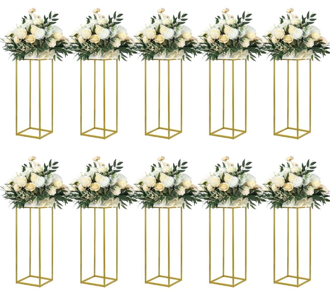 YALLOVE 10 Pack 23.75 Inch Gold Wedding Flower Stand Metal Vase Column Stand Geometric Centerpiece Vase For Home Party Wedding Decorations, Rectangula
