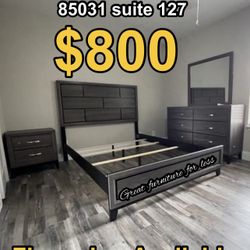 4 PCs Queen Size Bedroom Set Grey Wood Include Bed Frame Dresser Mirror And 1 Nightstand Brand New