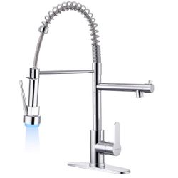 New Other TRYSEA Modern Stainless Steel Chromium Plated Dual Spout Kitchen Sink Faucet with Pot Filler, Pull Down Sprayer & LED Light