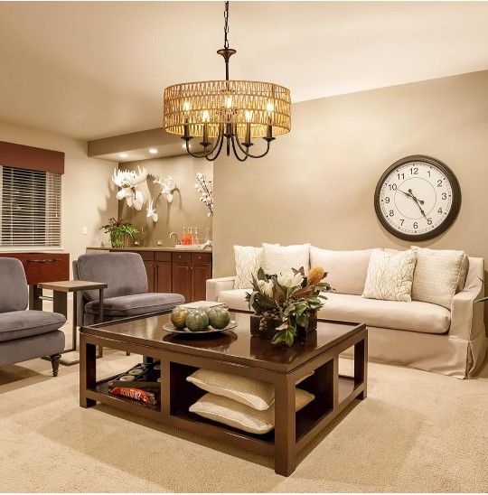 #111 LAMSU Modern Farmhouse Chandelier Light Fixtures 5 Lights Large Rattan Pendant Lighting with Hand Woven Wicker Shade Boho Black Chandeliers for