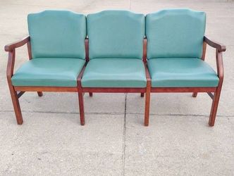 Teal Vinyl Scroll Arm 3 Seat Classic Lebon Office Furniture Waiting Room Bench Sofa