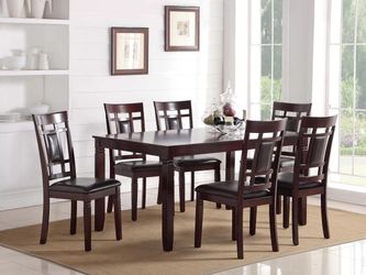 Brand new cherry brown dining table (60" x 36" x 30"H) + 6 brown faux leather chairs