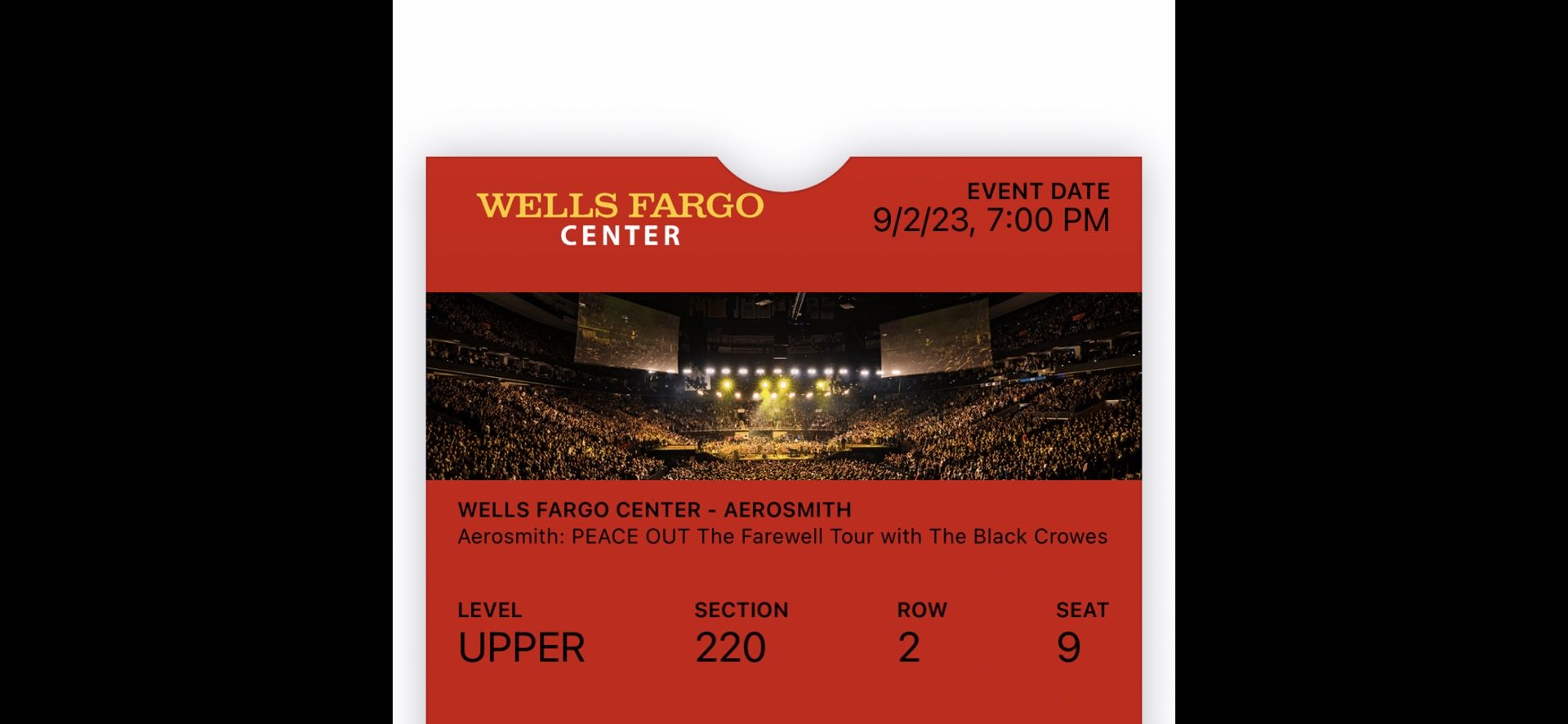 Areosmith Tickets 220 Sec Row 2 Seats 8 And 9