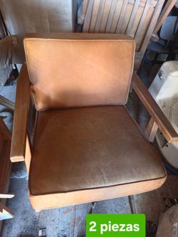 2 Vintage Wood Frame Leather Armchair