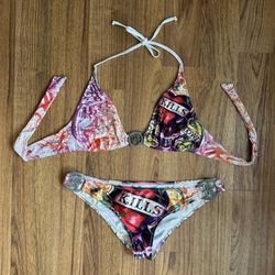 ED HARDY Vintage Y2K Multi Skull Love Kills Slowly String Triangle Bikini Set