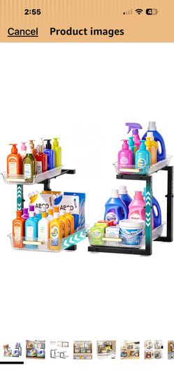 Under Sink Storage, 2 Pcs, 2 Tier Shelf, Transparent Pull‑Out Cabinet Storage Organiser, Under‑Sink Shelving Unit, Under‑Cabinet Organizer for Sorting