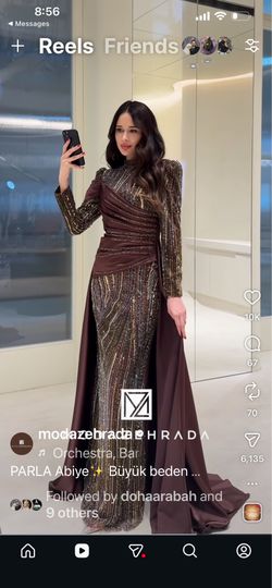 Luxury Brown & Gold Beaded Couture Evening Gown with Overskirt Size 46