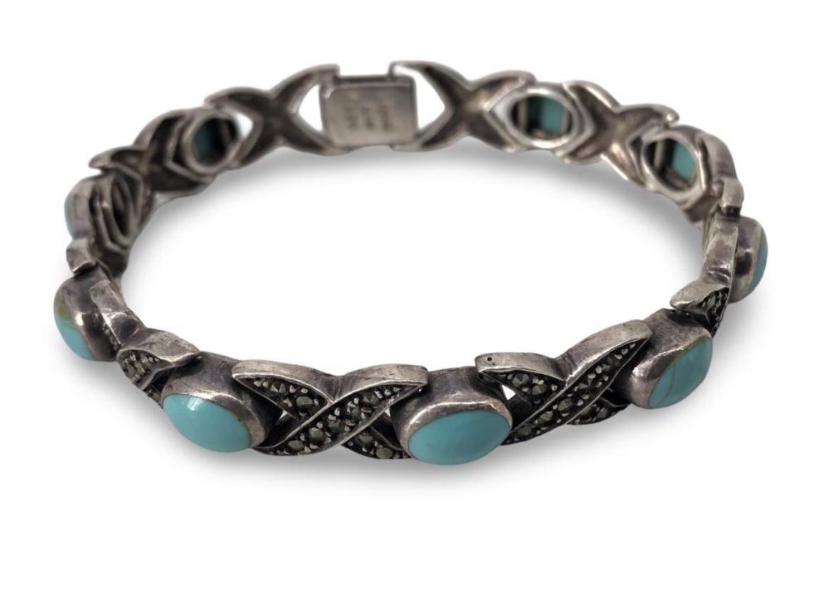 925 Silver Marcasite And Turquoise Bracelet