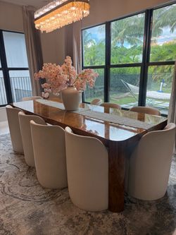 Restoration Hardware 108” Burlwood Dining Table + 10 Velvet Chairs – 11-Piece Set