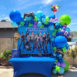 Fortnite Balloon Garland With Backdrop Happy Birthday 💙🎊🪅🗡⚒️