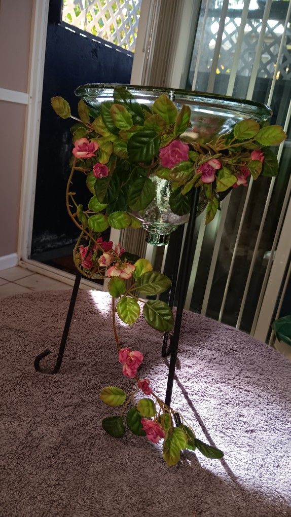 Tall Vintage Metal/Thick Glass With Flowers