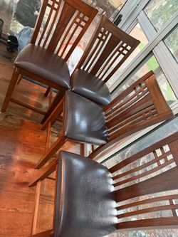 Set of 4 Wood Dining Chairs with Brown Leather Seats