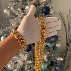 Set Set Premium Quality Miami Cuban Link Gold Plated Chain Necklace  Bracelet 20mm