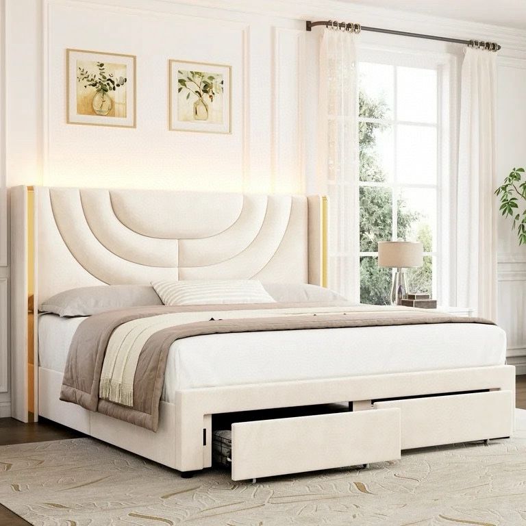 King Size Velvet Upholstered Wingback Storage Bed, Wall Wash LED Light Headboard, Off-white