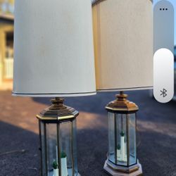 Vintage Mid Century Pair of Brass & Glass 3 Candle Table Lamps