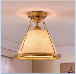 Gold Semi-Flush Mount Ceiling Light with Fabric Shade