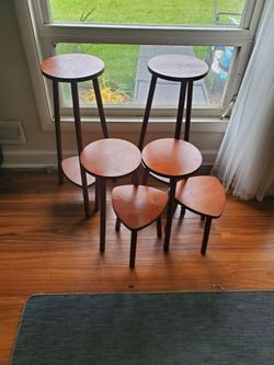 Mid-Century Modern Wooden Plant Stands / Accent Tables – Set of 6