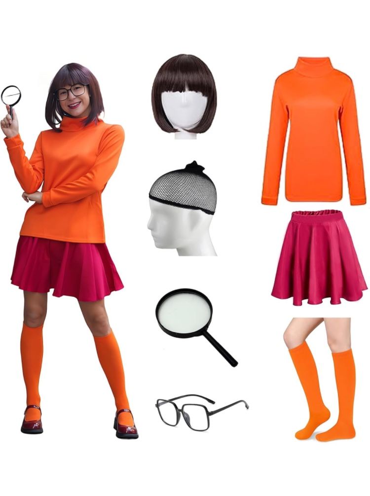 Velma, Scooby Doo, Cosplay Costume w/glasses, Outfit, Wig Adult M *BRAND NEW*