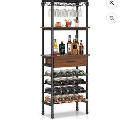 Freestanding Wine Rack with 4-Tier Bar Cabinet, Storage Drawer, Glass Holder & Tabletop for Liquor and Glasses, Living Room & Home Bar