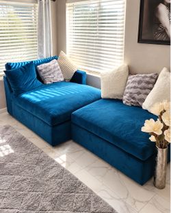 Blue Velvet Sectional Sofa with Chaise