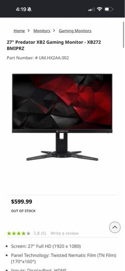 acer Predator XB272 bmiprz 27" Full HD (1920x1080) NVIDIA G-SYNC TN Monitor, (Display Port & HDMI Port, 240Hz)